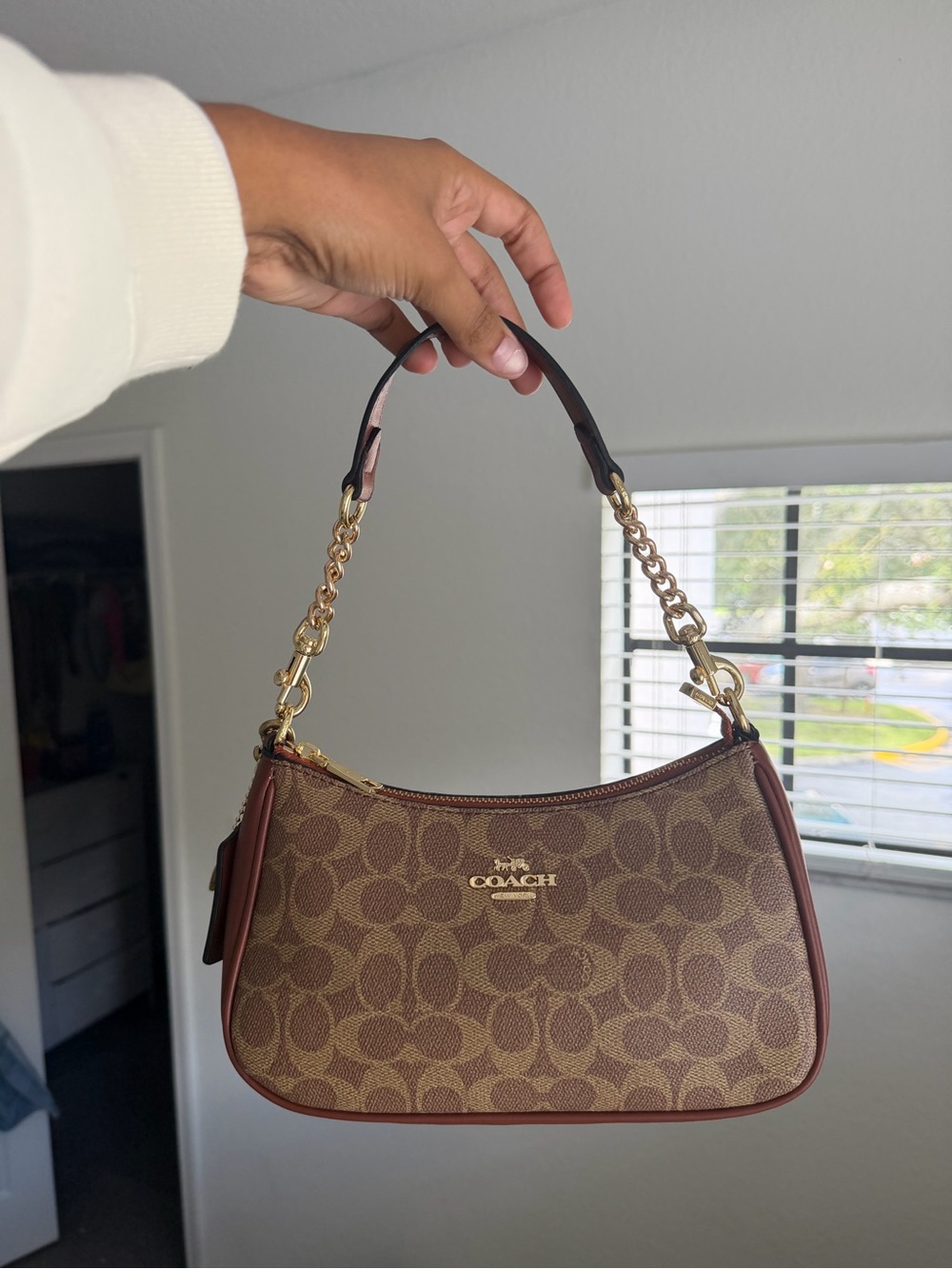 Coach Brown Signature Mini Shoulder Bag with Gold Hardware